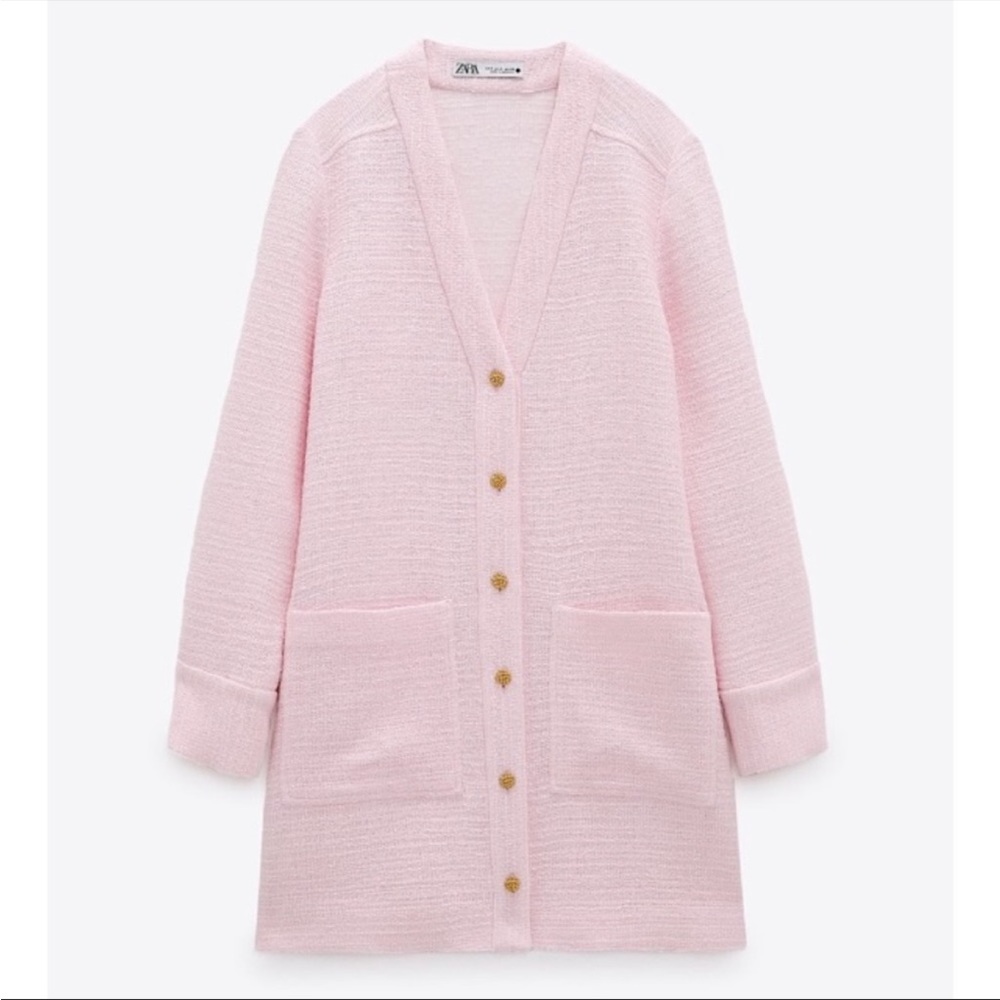 Zara pink tweed boucle textured cardigan dress with gold buttons- like Chanel!